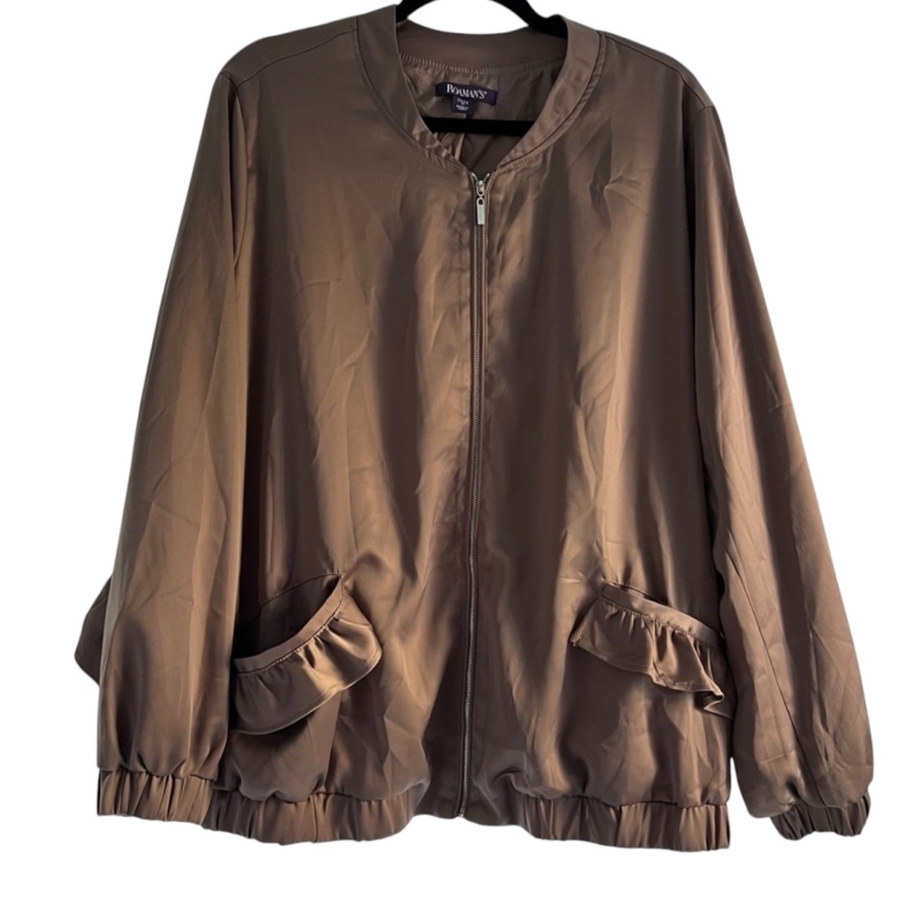 Roaman's EUC Womens Plus Sz 1X Sporty Brown Satin Bomber Jacket